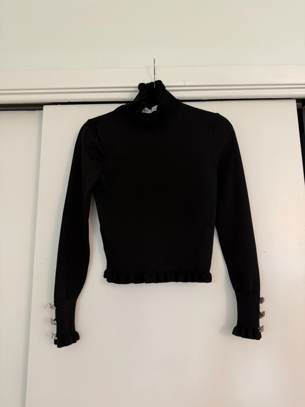 Zara Black Ruffle Mock Neck Long Sleeve Top with Button Cuff Detail